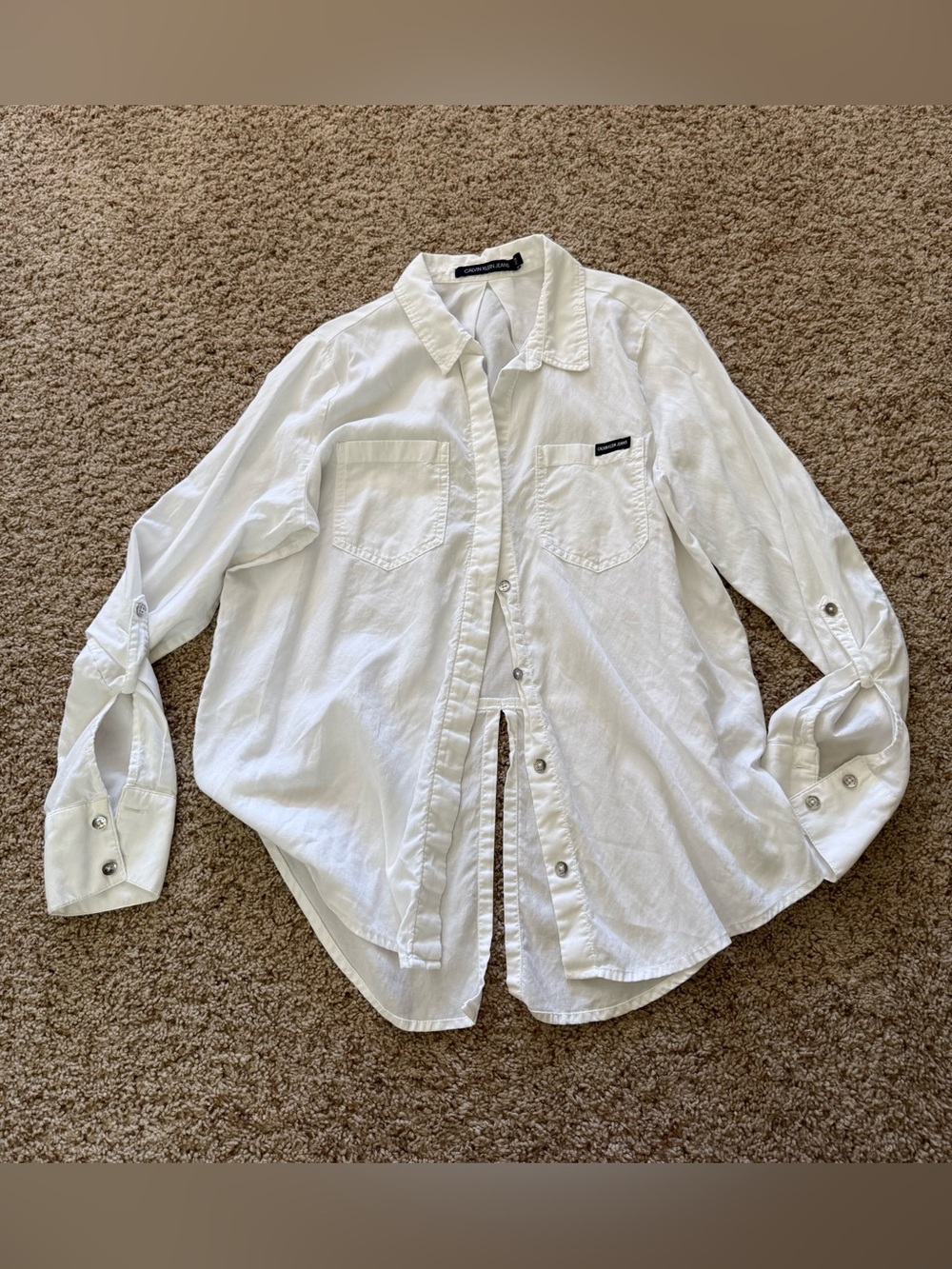 Calvin Klein Jeans White Button Front Roll Tab Shirt Women’s Small